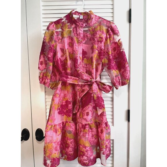 Chicwish Dresses & Skirts - Chic Wish Floral Jacquard Puff Sleeves Organza Buttoned Belted Dolly Dress Sz L